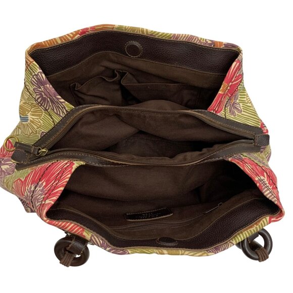 FOSSIL Floral Canvas Shoulder Bag w/ Leather Wood Trim Three Compartments - Picture 7 of 9